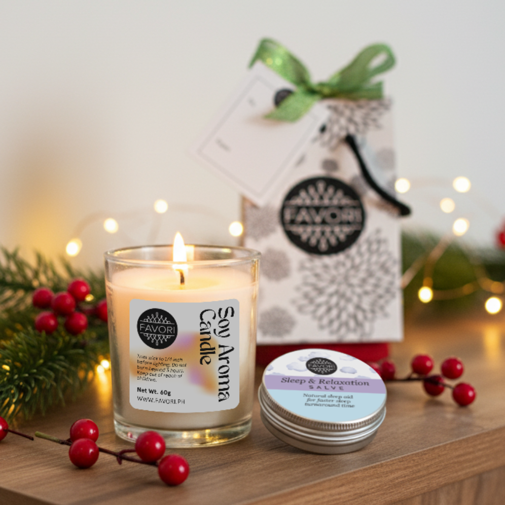 The FAVORI Scents Petit Gift Package: lit soy candle, balm, greenery & gift bag with fairy lights.