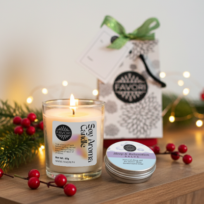 The FAVORI Scents Petit Gift Package: lit soy candle, balm, greenery & gift bag with fairy lights.