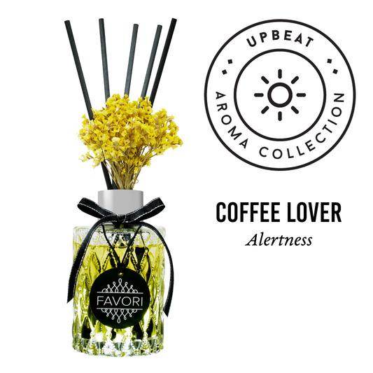 Aromatic reed diffuser with coffee-scented oil from the upbeat FAVORI Scents aroma collection, designed to evoke alertness.