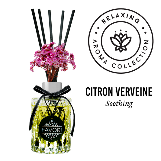 A Citron Verveine Premium Reed Diffuser with pink flowers and a label reading "relaxing aroma collection, Citron Verveine soothing" by FAVORI Scents, against a white background.