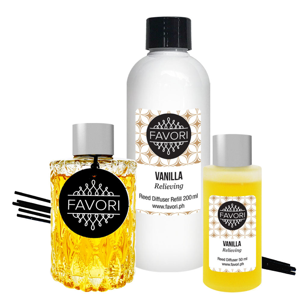 Assorted FAVORI Scents Vanilla Trio Reed Diffuser and scented oils.