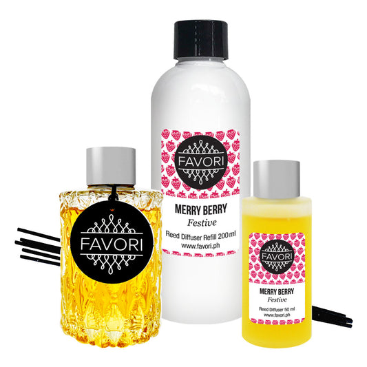 Three bottles of FAVORI Scents Merry Berry Trio Reed Diffuser (TRD) including a reed diffuser, an oil refill bottle, and a room spray with "merry berry festive" fragrance.