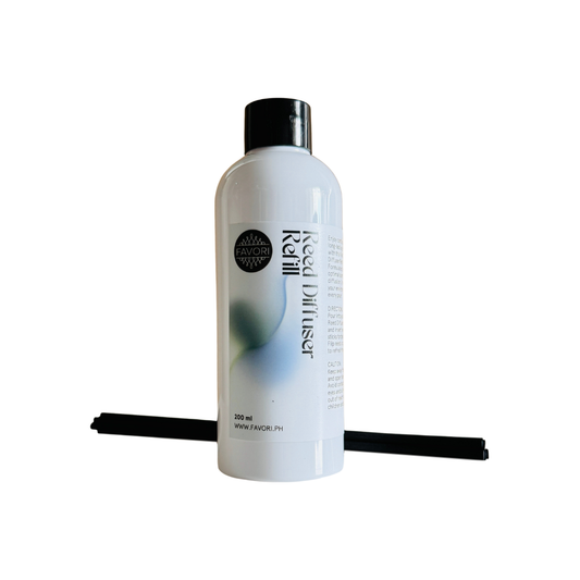 FAVORI Scents Reed Diffuser Refills (RDR) with fiber sticks deliver long-lasting aroma in a sleek white bottle.