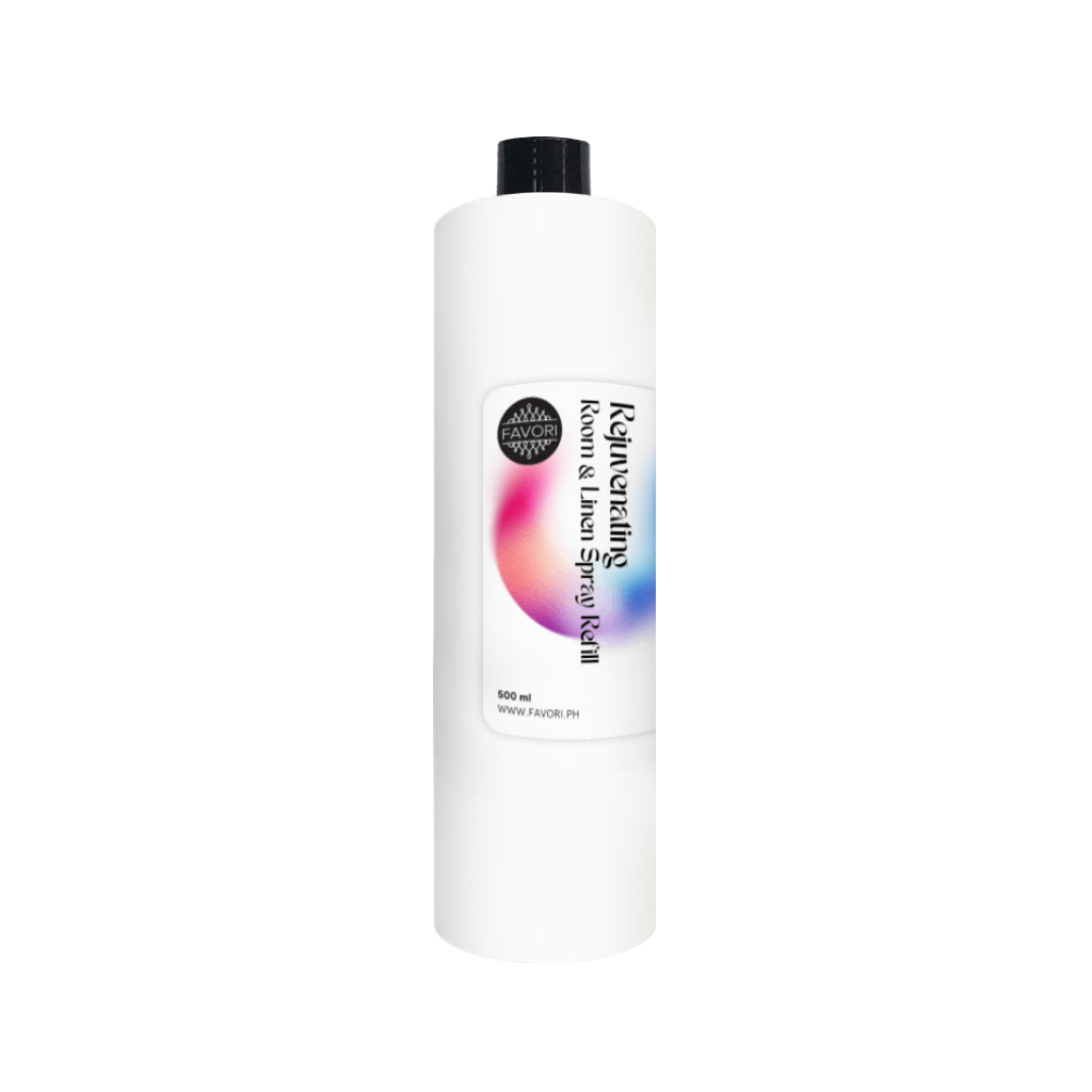 FAVORI Scents Rejuvenating Room & Linen Air Spray (AS) refill in a white cylindrical bottle with black cap.