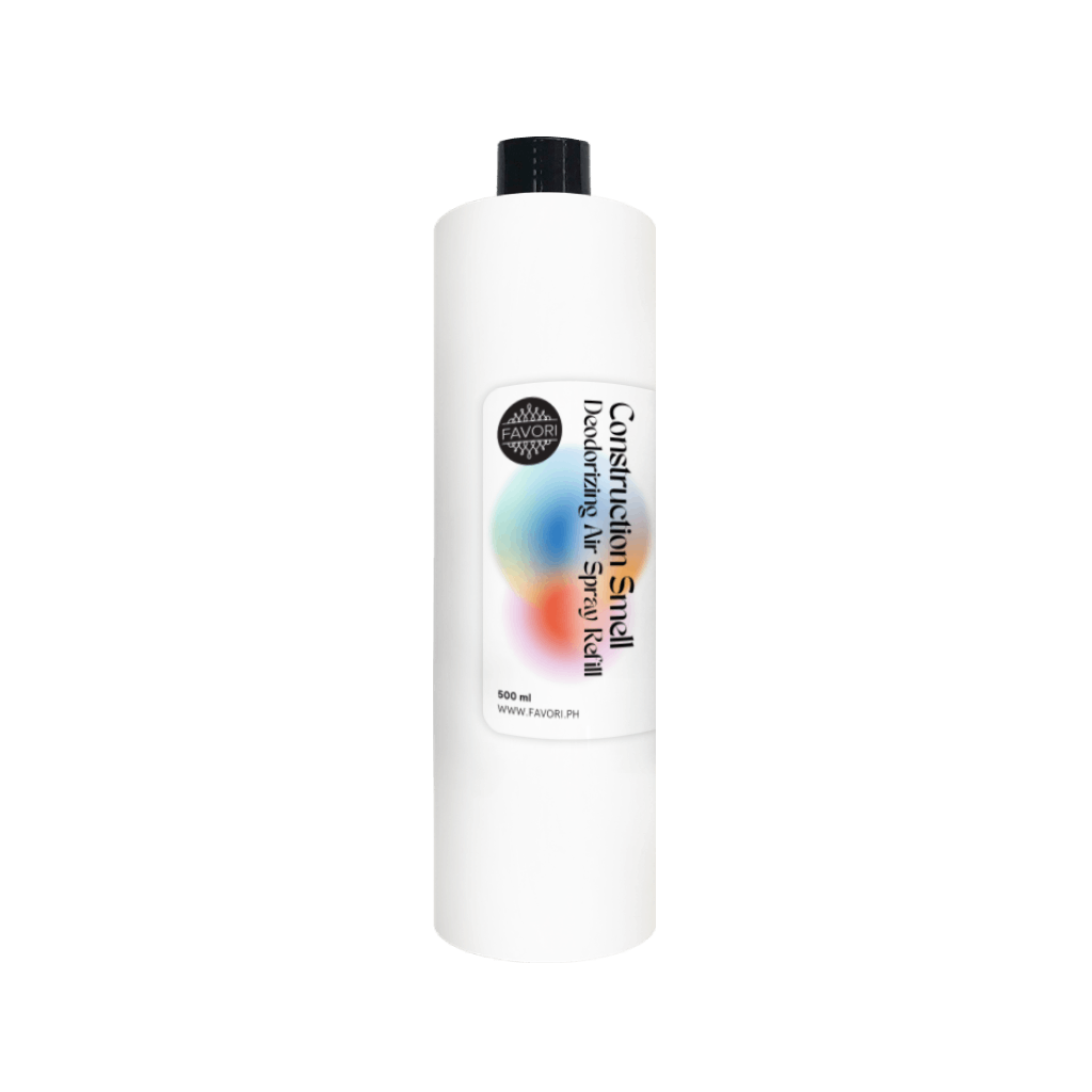 A tall white FAVORI Scents Contruction Deodorizing Air Spray (AS) with a black cap.