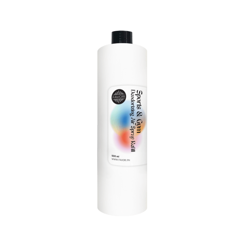 FAVORI Scents Sports & Gym Deodorizing Air Spray (AS) fights gym odors in a tall bottle with gradient design.