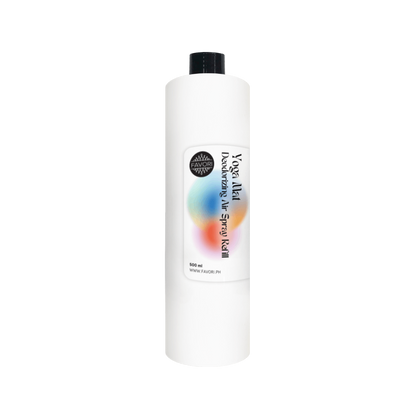 White cylindrical bottle with black cap labeled FAVORI Scents Yoga Mat Deodorizing Air Spray (AS), anti-microbial.
