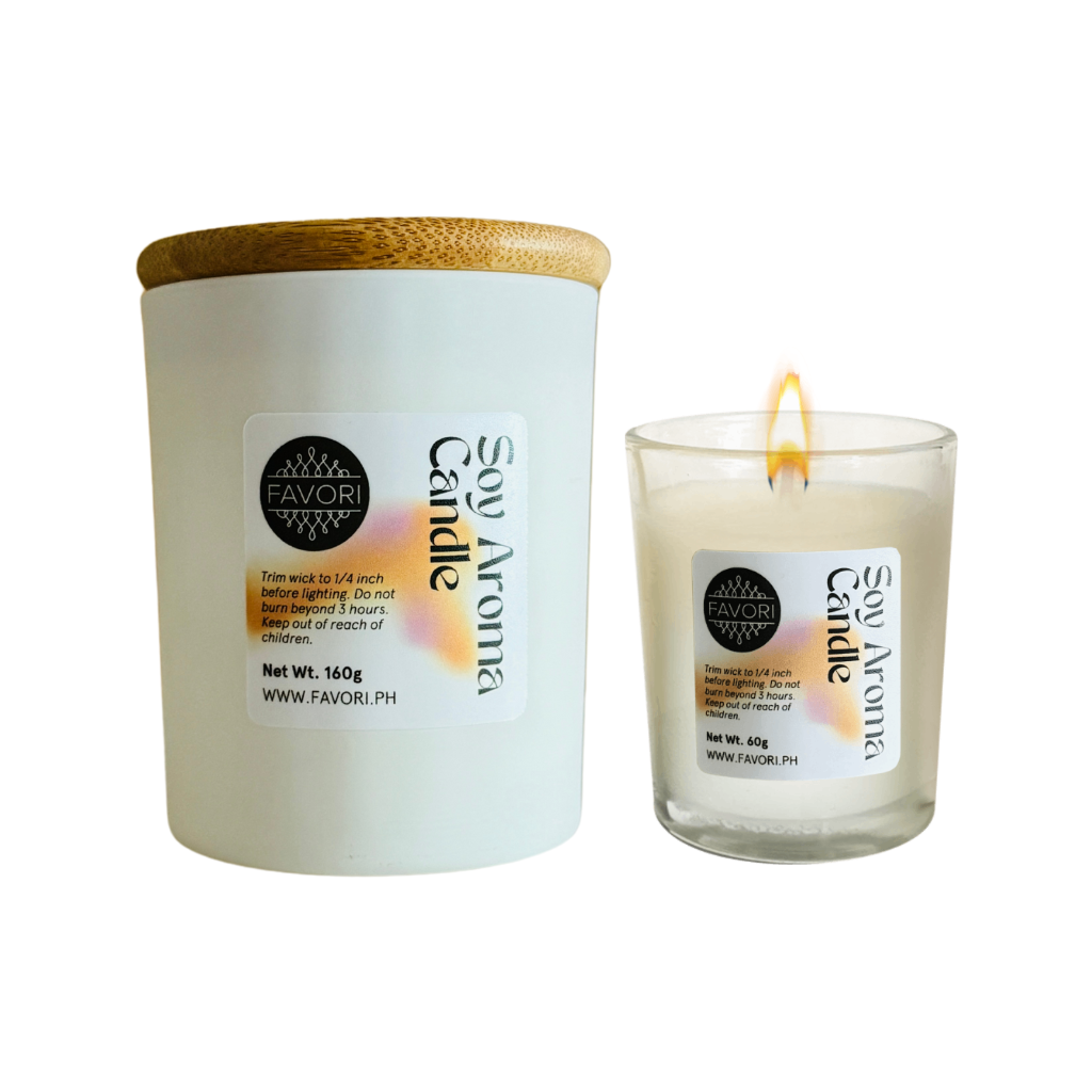 Two FAVORI Scents All Occasion soy candles: white jar with wood lid & clear glass holder, both premium.