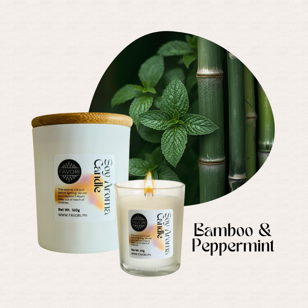 A premium FAVORI Scents All Occasion soy candle with bamboo lid, labeled Bamboo & Peppermint.