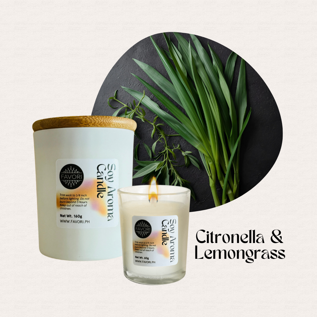 FAVORI Scents All Occasion soy candle with wooden lid, Citronella & Lemongrass aroma.