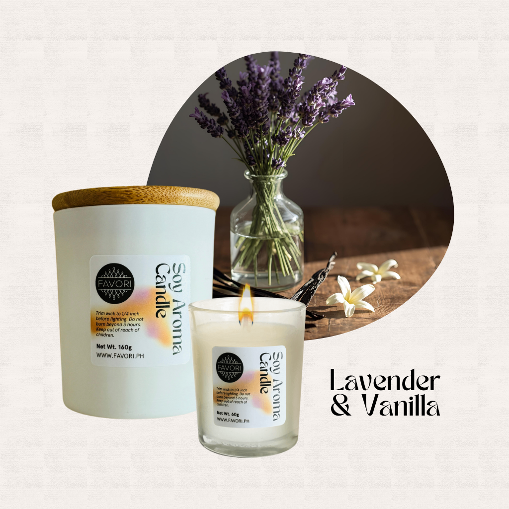 FAVORI Scents All Occasion: premium soy candle, lavender in vase, vanilla flowers, Lavender & Vanilla.