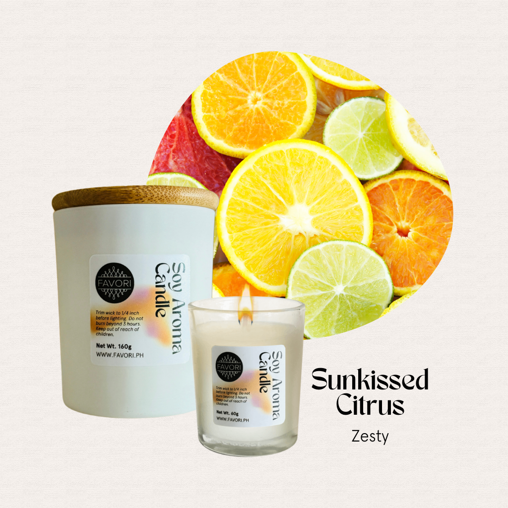 White premium soy candle in glass holder, text: FAVORI Scents All Occasion.