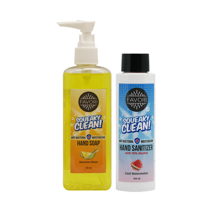 Bottles of Squeaky Clean Hand Hygiene Bundle on a white background.