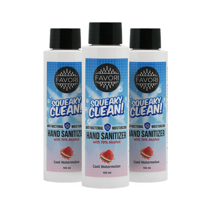 Three bottles of FAVORI Scents Squeaky Clean Hand Sanitizer Bundle with cool watermelon scent and 70% alcohol content, 100 ml each.