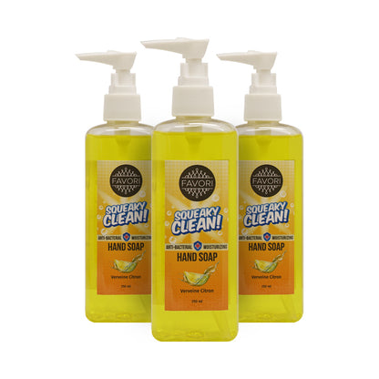 Three bottles of Favori squeaky clean hand soap with pumps, enhanced with natural oils, in verveine citron scent.