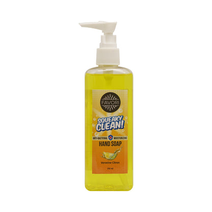 Bottle of Squeaky Clean Hand Soap with pump dispenser from FAVORI Scents, favored for its oily texture.